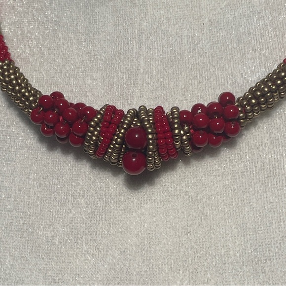 Kumihimo Japanese Beaded Choker Necklace Coral Red Gold Knot Handmade - Picture 8 of 10